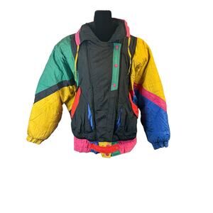 Vintage 80s GIACCA Colorblock Ski Jacket L Made in Korea Nylon Puffer Anorak